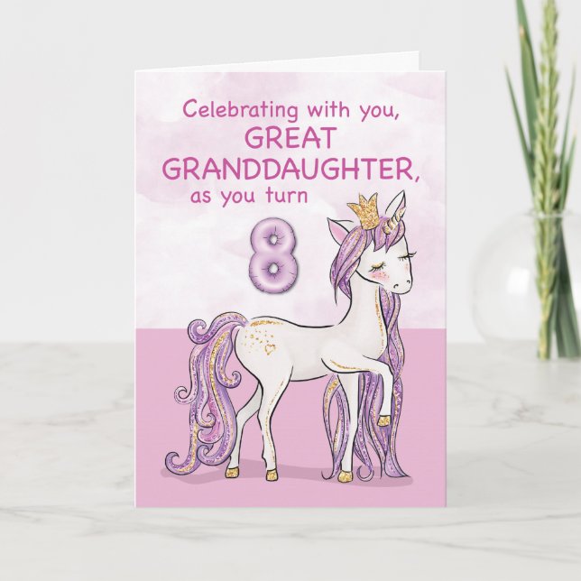 Carte Arrière-petite-fille 8e Anniversaire Cheval Rose (Devant)