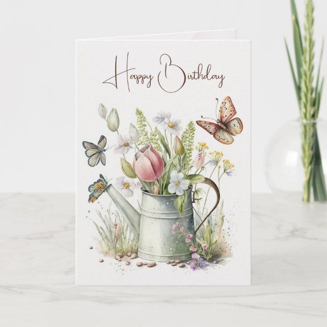 Carte Arrosoir avec tulipes Anniversaire (Devant)