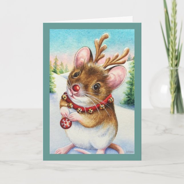 Carte Art à l'aquarelle de la souris des rennes fantaisi (Devant)