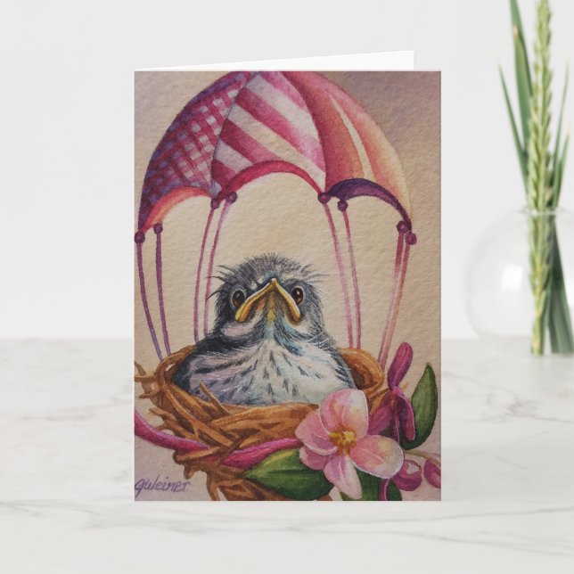 Carte Art aquarelle d'un bébé oiseau à l'envol avec para (Devant)