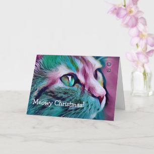 Carte Art Chat rose et Turquoise Noël Meowy