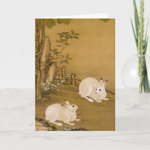 Carte Art chinois vintage Deux lapins blancs peinture