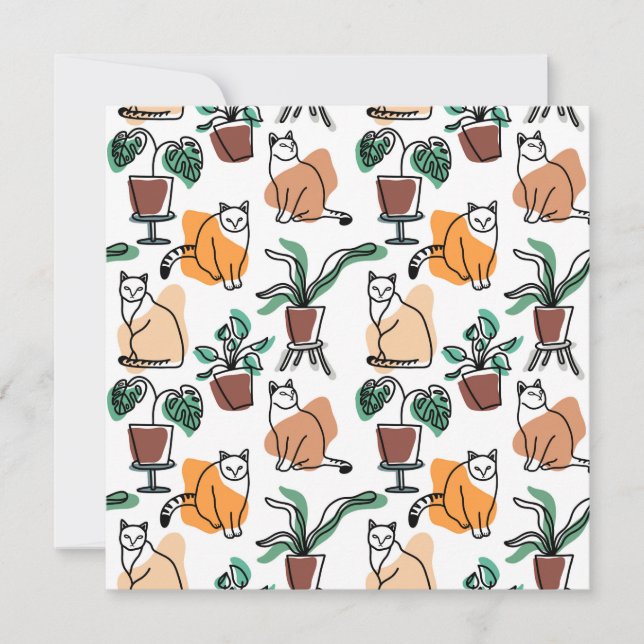 Carte Art de trait dessin chats et fleurs (Devant)