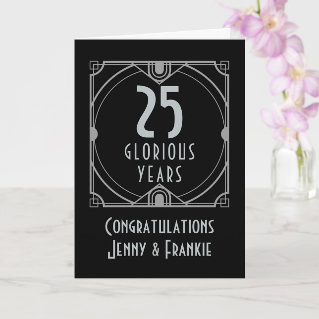 Carte Art Déco 25e anniversaire d'argent Noms noirs (Orchidée)