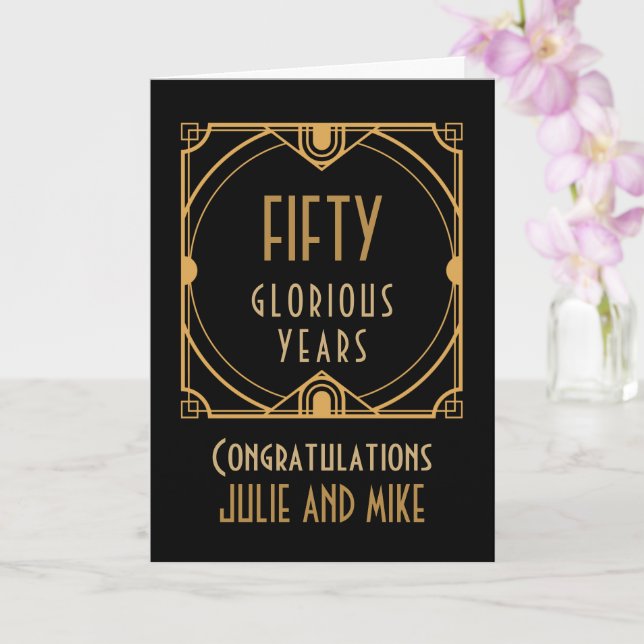 Carte Art Déco 50ème Anniversaire d'or Noms Cinquante An (Orchidée)