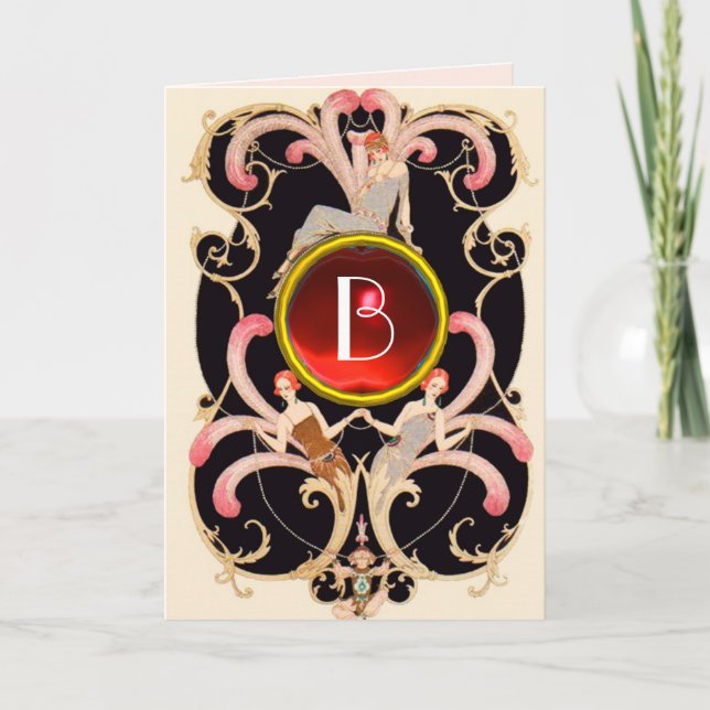 Carte ART DÉCO BEAUTÉ MODE ROUGE GEM MONOGRAM Anniversai (Devant)