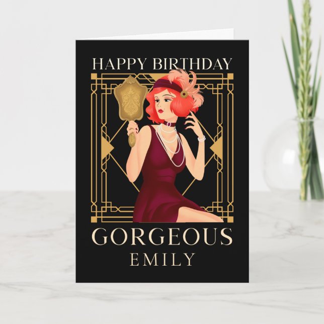 Carte Art Déco Joyeux Anniversaire Joli Lady Mirror Noir (Devant)