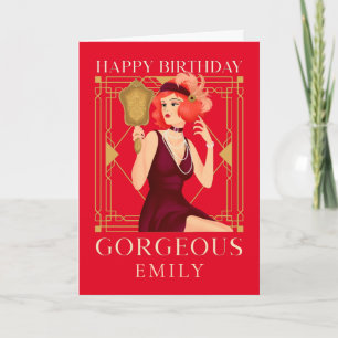 Carte Art Déco Joyeux Anniversaire Jolie Dame Mirror Rou