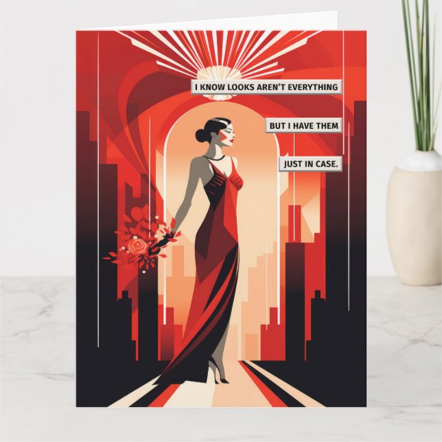 Carte Art Déco Robe Rouge Femme (Devant)