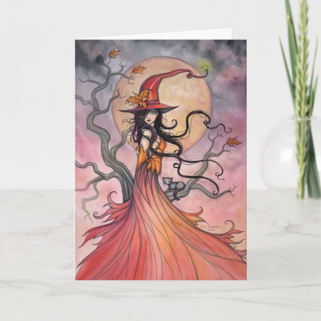 Carte Art d'Halloween magique sorcière et chat d'automne (Devant)