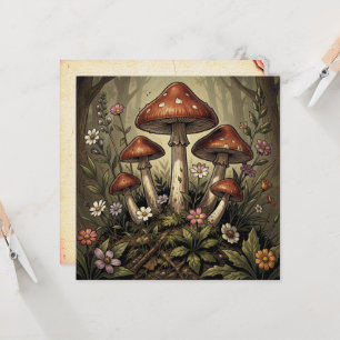 Carte Art Fleurs sauvages et champignons rouges vintage