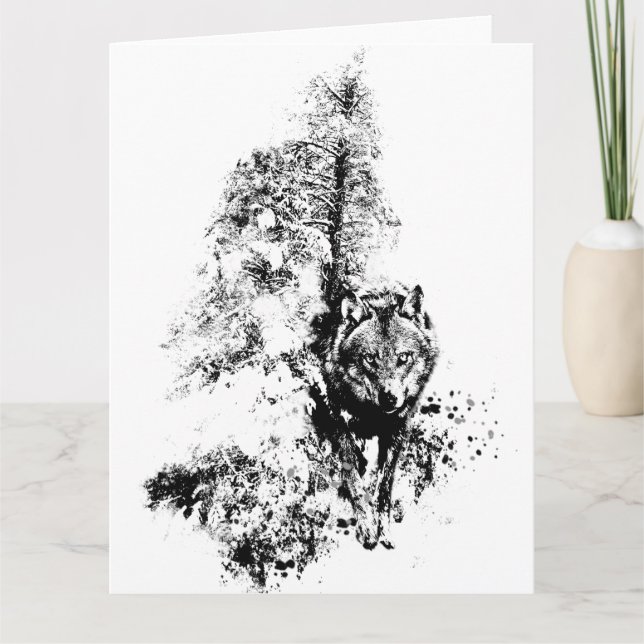 Carte Art graphique Loup gris Faune Animal Nature blanch (Devant)