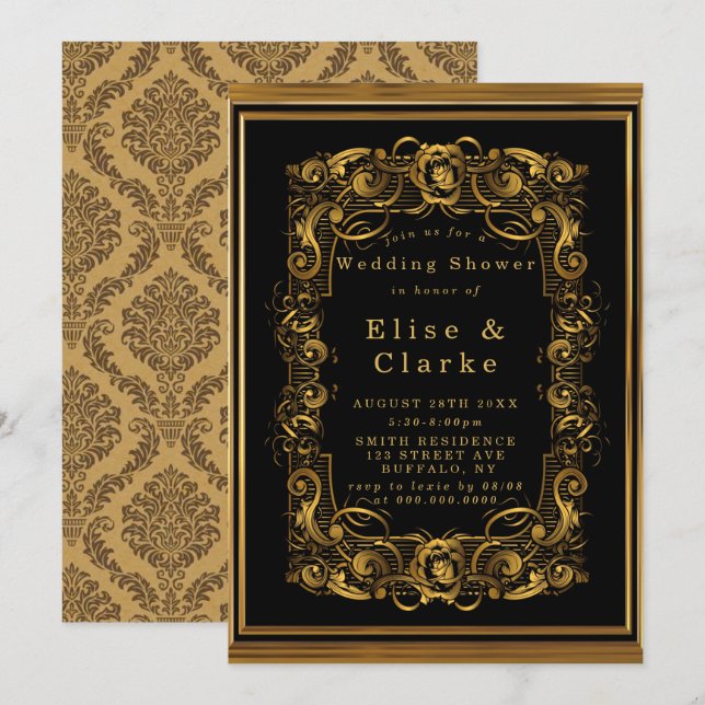Carte Art Nouveau Black Gold Royal Wedding shower Invita (Devant / Derrière)
