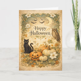 Carte Art Nouveau Chat Noir Hibou Halloween