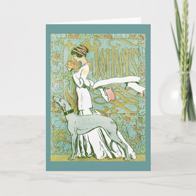 Carte Art Nouveau Greyhound et dame à la fleur (Devant)