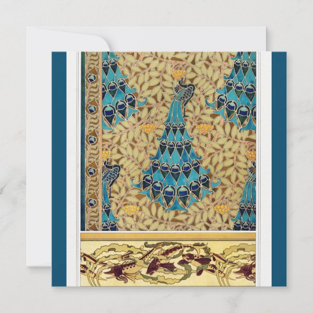 Carte Art nouveau paon textile déco verneuil bleu (Devant)
