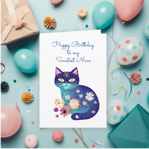 Carte Art populaire Chat et fleurs Anniversaire de la ni