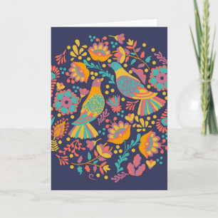 Carte Art populaire mexicain coloré Oiseaux et fleurs Bl