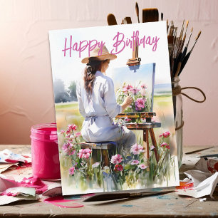 Carte Artiste femme Peinture Fleurs dans un champ Annive