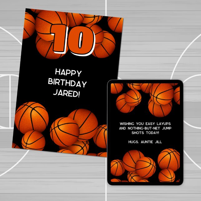 Carte athlète heureux anniversaire basketballs accent (front view of printed card and downloaded view of back of card displayed on a tablet)