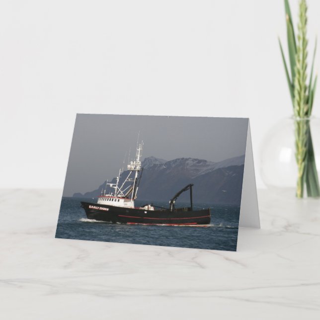 Carte Aube tôt, bateau de crabe dans le port (Devant)