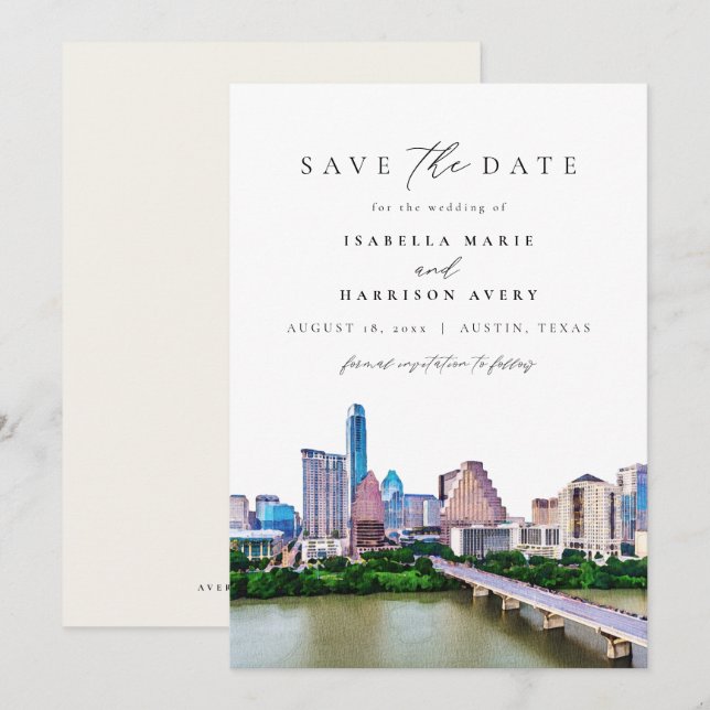 Carte AUSTIN TEXAS Skyline Wedding Enregistrer la date (Devant / Derrière)