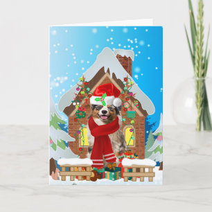 Carte Australian Shepherd dog avec cadeaux de Noël