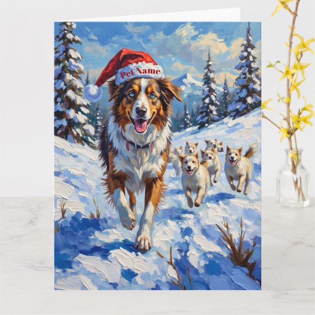 Carte Australian Shepherd Herding Snowballs with Santa (Fleur jaune)