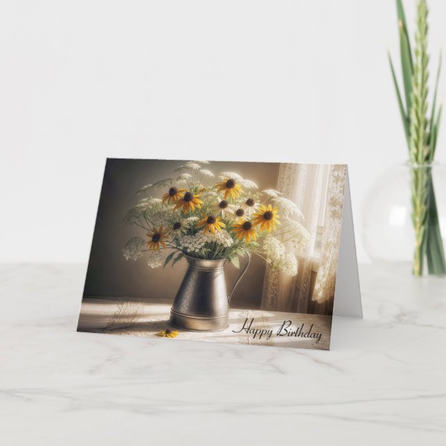 Carte Automne Anniversaire Bouquet Fleur Sur Dentelle (Devant)