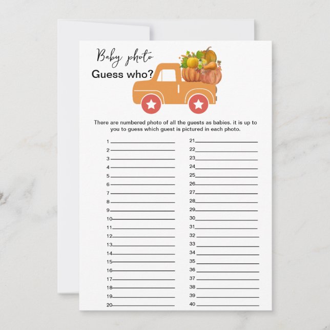Carte Automne citrouille baby shower deviner qui jeu (Devant)