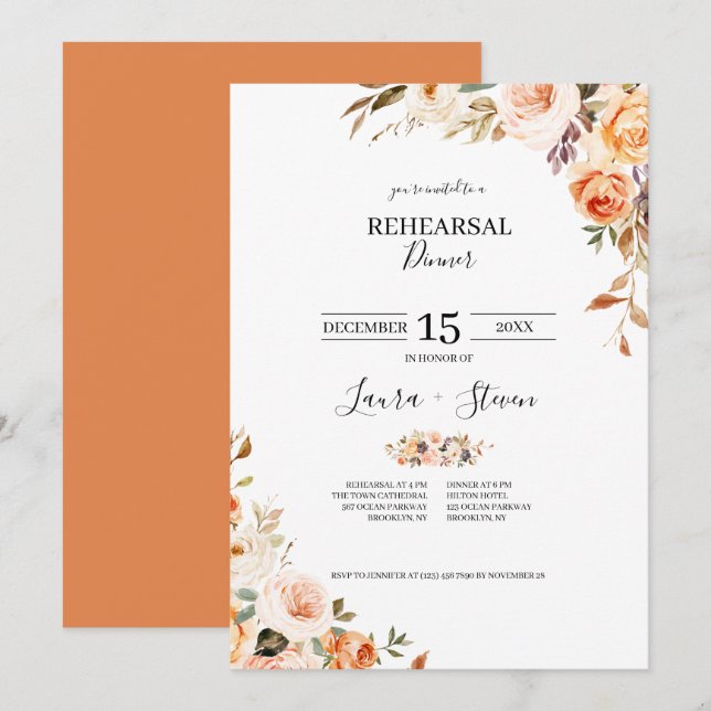 Carte Automne Terracotta Orange Fleurs Dîner de répétiti (Devant / Derrière)