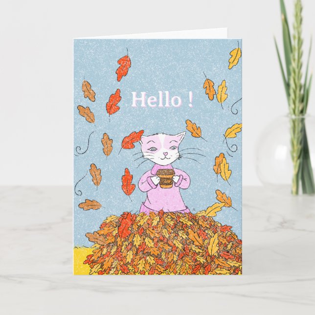 Carte Autumn Leaves and Graceful Cat Blank Greeting Card (Devant)
