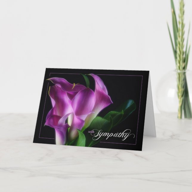 Carte avec Sympathy Purple Calla Lilies sur Noir (Devant)