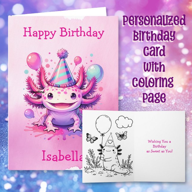 Carte Axolotal rose et violet personnalisé Anniversaire (Créateur téléchargé)