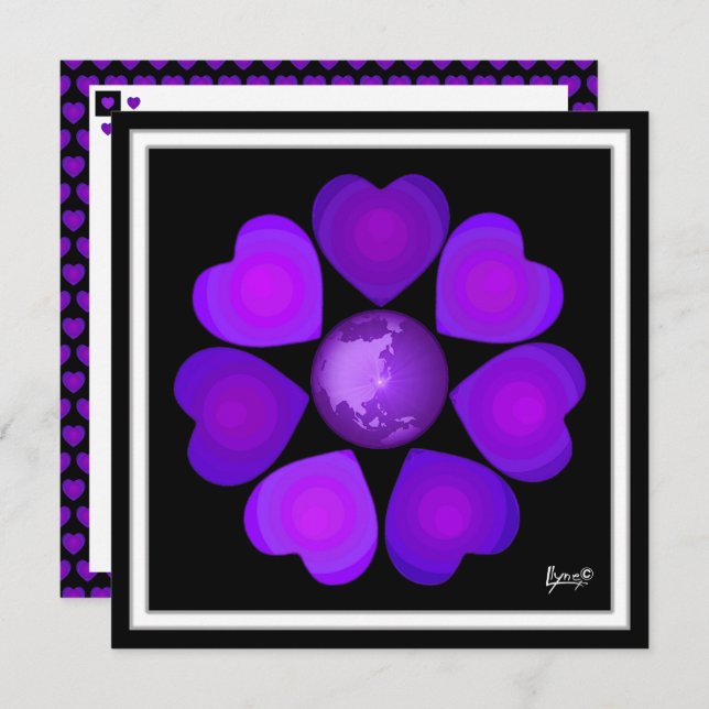 Carte B&W Purple Hearts Beating (Devant / Derrière)