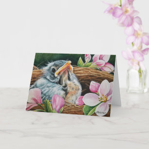 Carte Baby American Robin Bird in Nest Watercolor Art