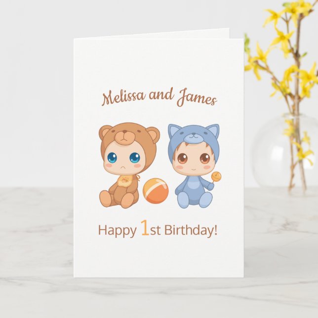 Carte Baby Bear Chat Twins Premier Anniversaire Blanc (Fleur jaune)