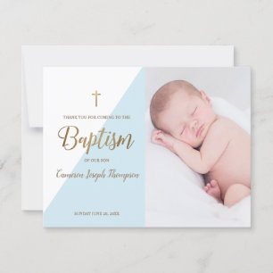 Carte Baby Boy moderne Bleu Photo Baptême Merci