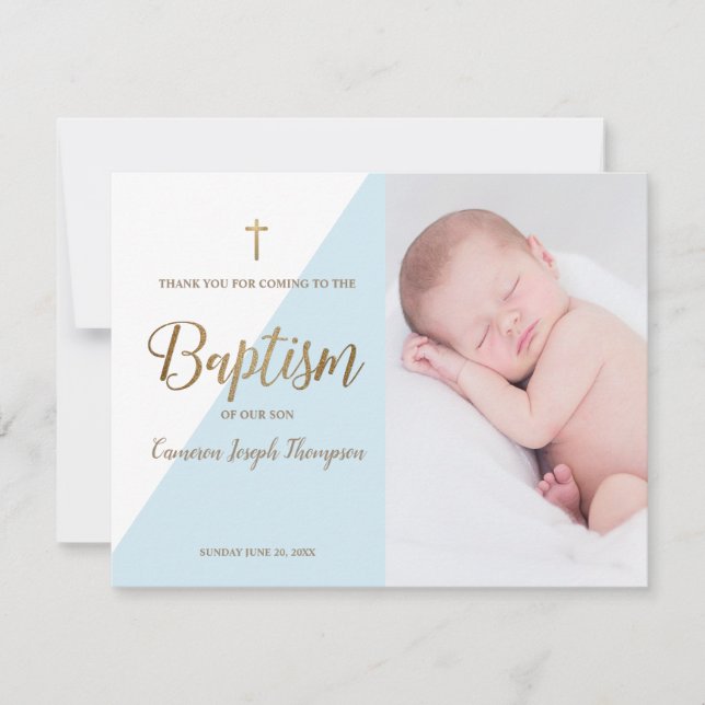 Carte Baby Boy Personnalisé Bleu Photo Baptême Merci (Devant)