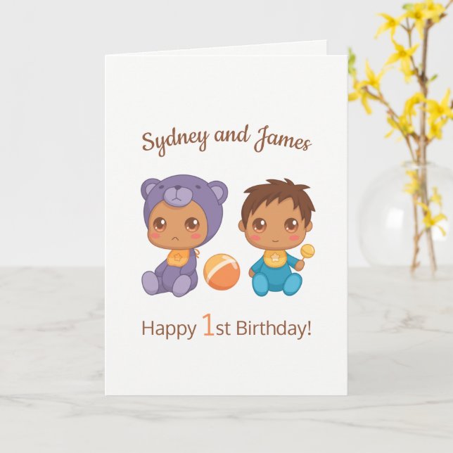 Carte Baby Boy Twins First Birthday Names Blank 2 (Fleur jaune)