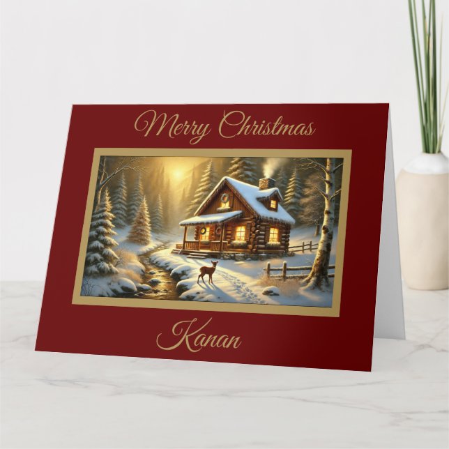 Carte Baby Deer at Forest Cabine Christmas Card (Devant)