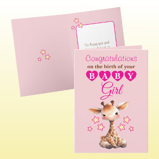 Carte Baby girl congratulations giraffe pink