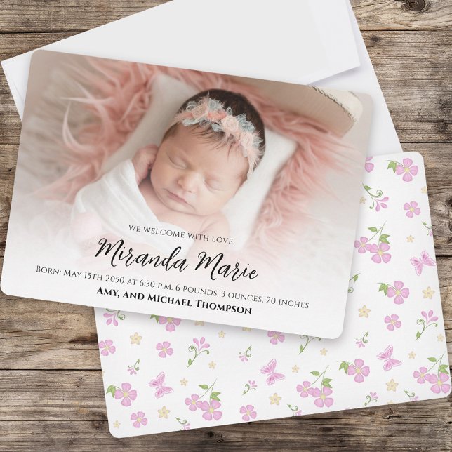 Carte Baby Girl Nouveau-né Photo Overlay Texte rose Flor (Créateur téléchargé)