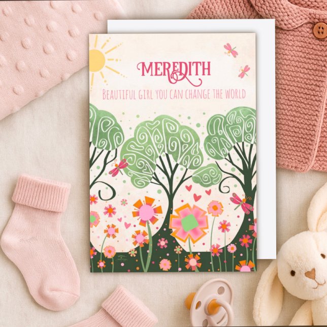 Carte Baby Girl Whimsical Tree Nom personnalisé rose (Créateur téléchargé)