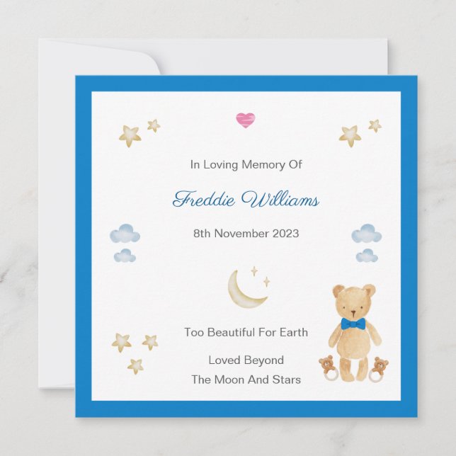 Carte Baby Loss Boy Moon Stars Teddy Memorial Flat Card (Devant)