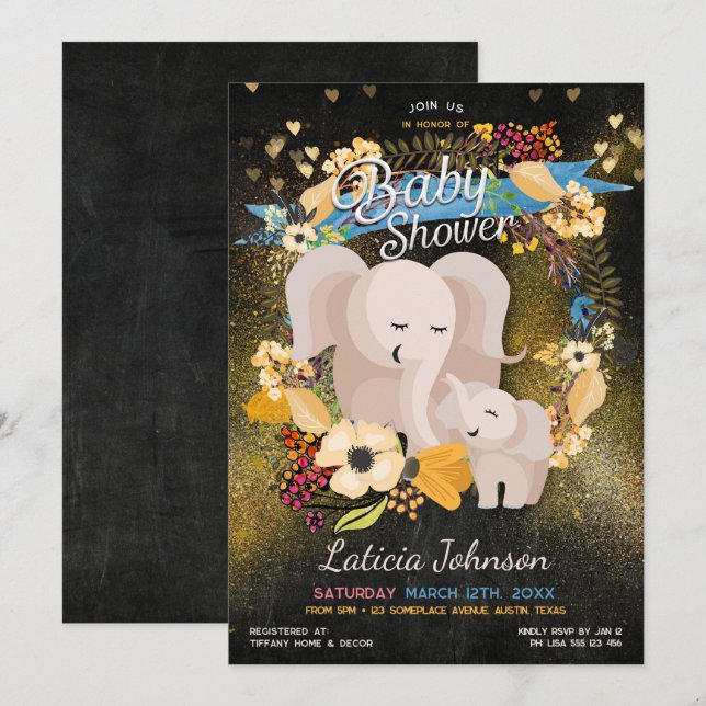 Carte Baby Mama Elephant Floral Boho Baby shower (Devant / Derrière)