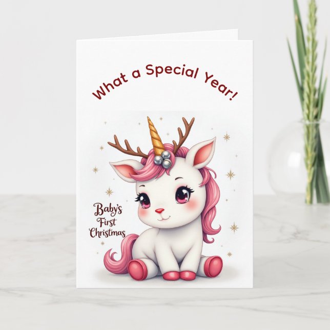 Carte Baby’s First Christmas 2025 Unicorn Reindeer card (Devant)