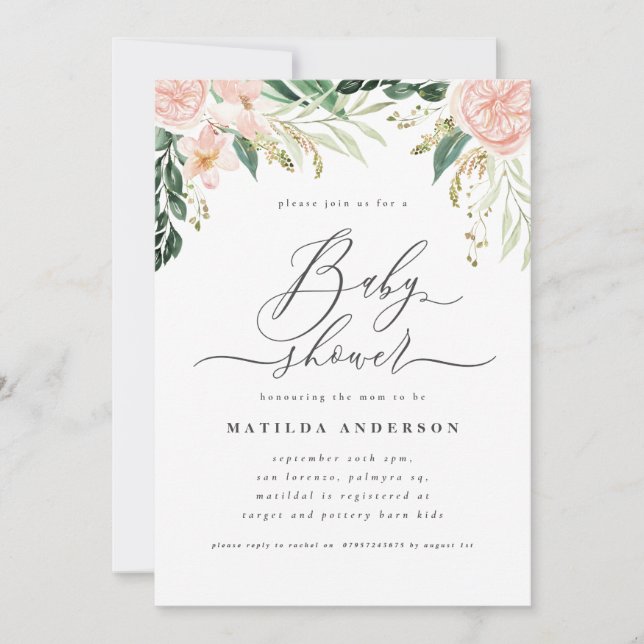 Carte Baby shower à fleurs de pêche rose (Devant)