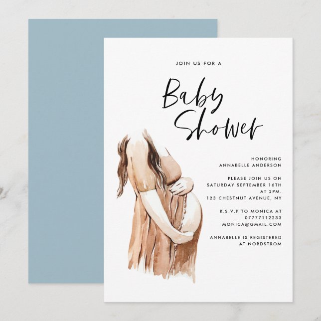 Carte Baby shower aquarelle illustration script simple (Devant / Derrière)