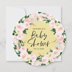 Carte Baby shower aquarelle jaune girly script floral
